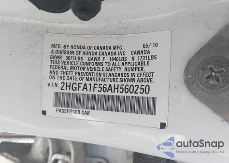 2010 Honda Civic Lx from USA, damaged, VIN 2HGFA1F56AH560250